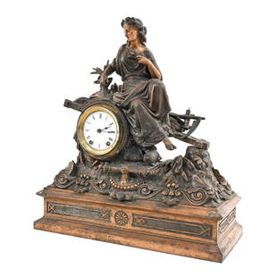 1870'S MITCHELL VANCE SPELTER DEMETER MANTEL CLOCK: Ornate figurative mantel clock in gilt spelter, depicting the goddess Demeter with tools of the harvest. Marked Mitchell Vance & Co. on face, with signed movement by Seth Thomas. Model number