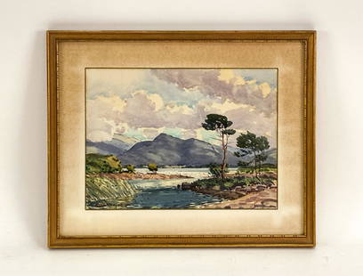 SEAN O'CONNOR (1909-1992) WATERCOLOR: Watercolor landscape. Hills beyond, water in the foreground. Signed lower left. Dimensions: (Frame) H 16" x W 19.75", (Sight) H 10.5" x W 14" Condition: Very slight age toning to paper. Mat with age