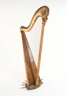 LOUIS XVI PERIOD GILTWOOD & VERNIS CONCERT HARP: A rare French pedal harp of the Louis XVI period, c. 1780's-1790's, ornately carved giltwood and gesso with floral vernis motifs on the soundboard. Stamped "A Paris" at knee plate, maker's name