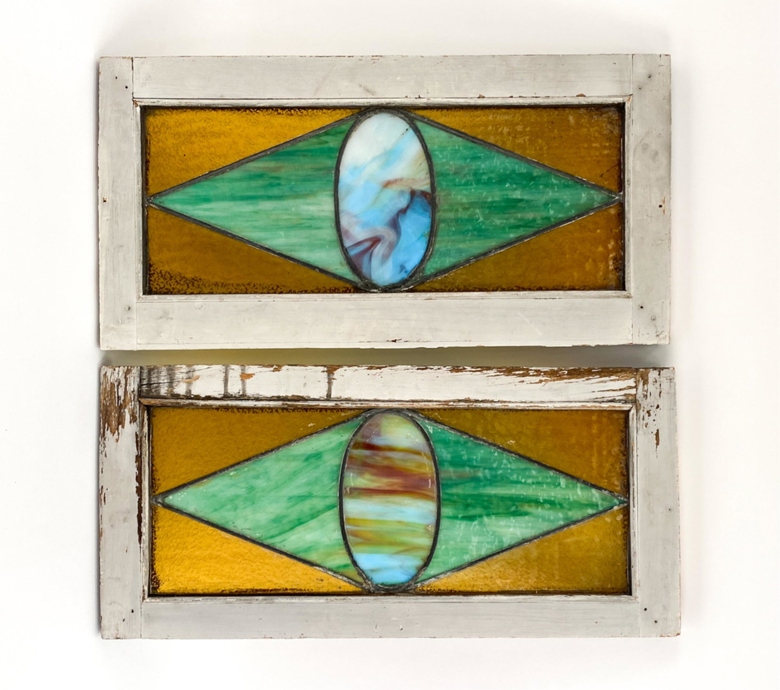 PAIR OF ANTIQUE TRANSOM STAINED GLASS WINDOWS (1 of 10)