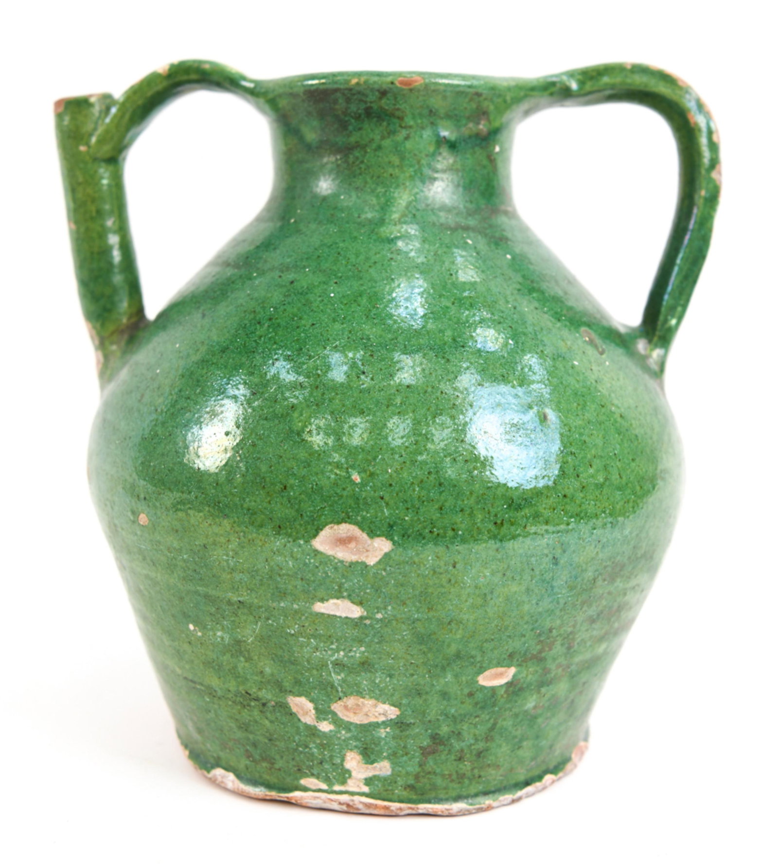 ANTIQUE FRENCH EARTHENWARE ORJOL CRUCHE: Antique French earthenware water pitcher, or cruche, in emerald green glaze. The water cruche/orjol had a specific design for each region of France. This form was only made in Languedoc. In this iconi