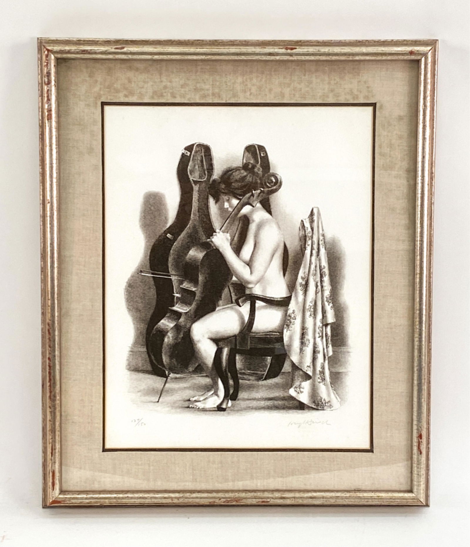 JOSEPH HIRSCH (1910-1981) LITHOGRAPH: Lithograph of nude with cello. In slightly brown black ink. Pencil signed. Numbered 127/150. Dimensions: (Frame) H 25" x W 20.5", (Sight) H 18" x W 14" Condition: Paper slightly wavy in the frame. Fra