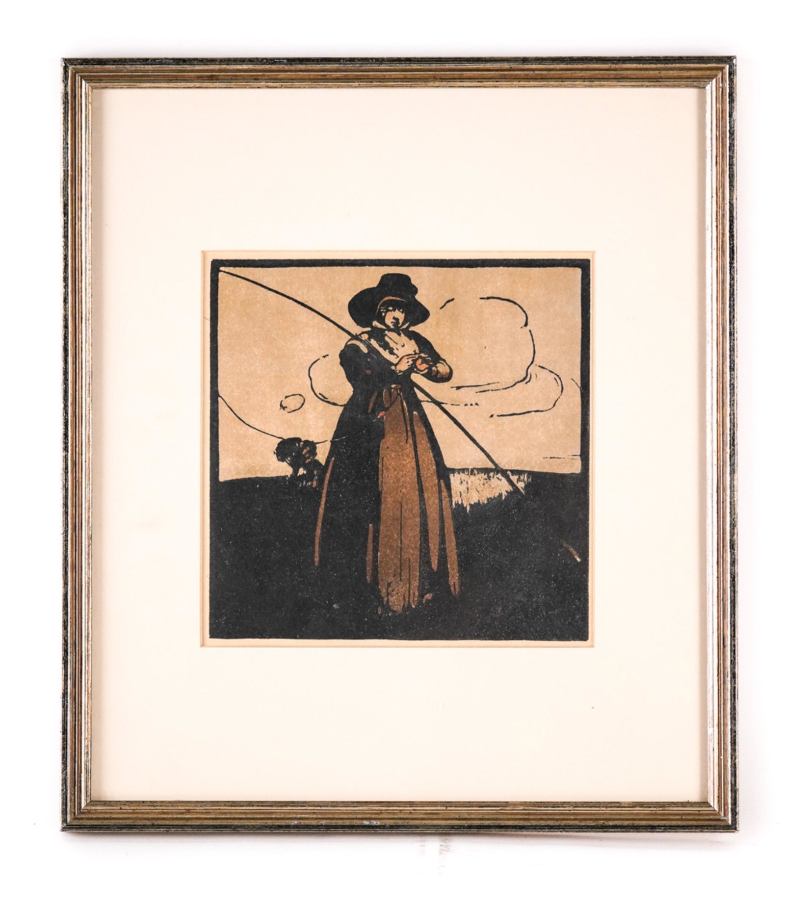 SIR WILLIAM NICHOLSON ORIGINAL LITHOGRAPH: Fisherwoman from "An Almanac of Twelve Sports" 1898. Dimensions: (Frame) H 16" x W 14", (Sight) H 8.25" x W 8.25" Condition: Light age toning to paper and mat. Some rubbing to the frame.