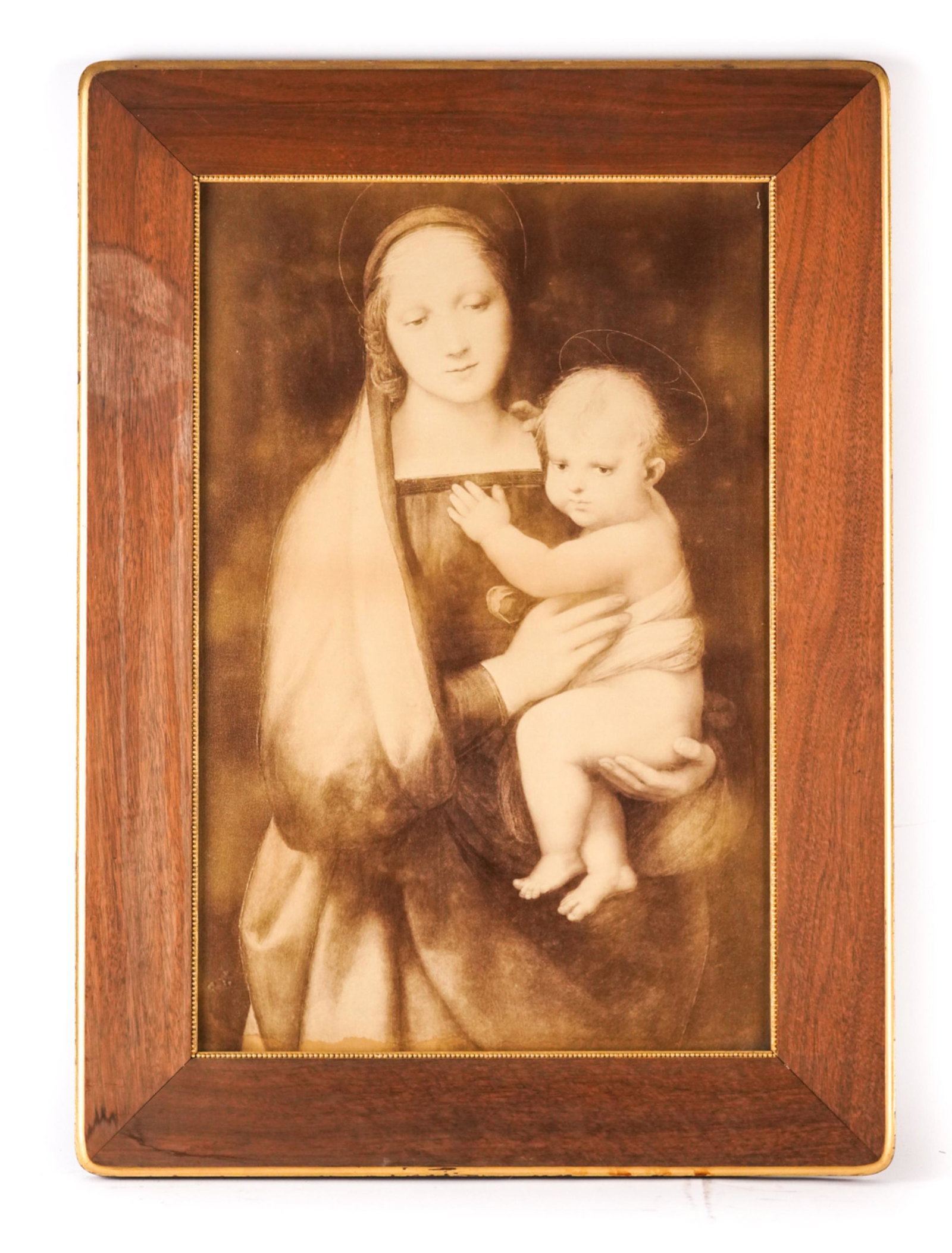 ANTIQUE MADONNA & CHILD PHOTO: Photo of a Renaissance painting. In a c. 1900 frame. Dimensions: (Frame) H 27" x W 19.5", (Sight) H 21" x W 13.75" Condition: Faint water stain at bottom of photograph. Some water staining to the surf