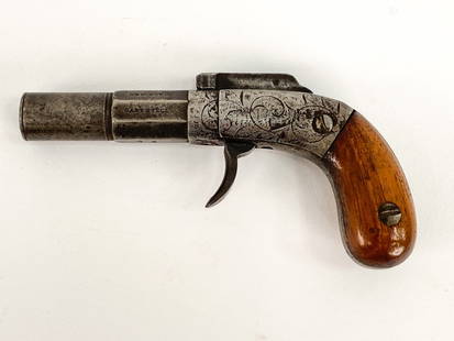 MANHATTAN BAR HAMMER SINGLE SHOT PISTOL: American single shot boot pistol. The Bar Hammer Single Shots are of importance to the collector for their scarcity and their position as the earliest Manhattan Company products. Frame engraved;