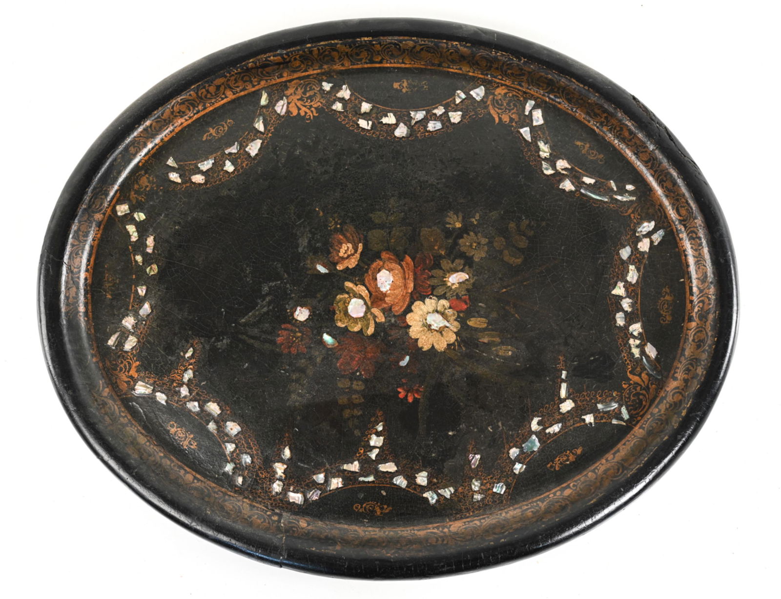 19TH C. PAINTED ABALONE INLAID PAPIER-MACHE TRAY (1 of 11)