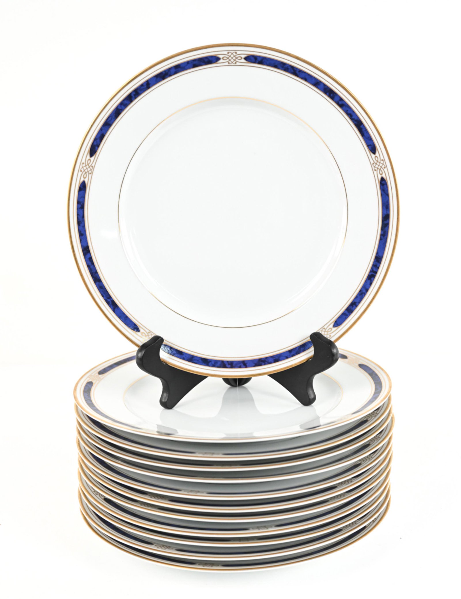 (12) GORHAM REGALIA COURT LAPIS DINNER PLATES: (12) Fine porcelain dinner plates from the Regalia Court Lapis pattern by Gorham, marked underneath. Contemporary. Dimensions: Dia. 11" Condition: Showing very few signs of wear.