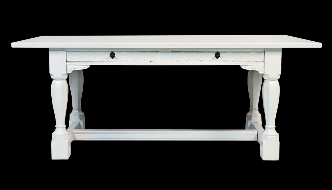 HENREDON PAINTED FARMHOUSE WRITING DESK: Stamped inside drawer. White painted with carved drawer fronts. Dimensions: H 29.75" x W 76" x D 32" Condition: Paint may not be original. Wear consistent with use including scratches, scuffs, and sma