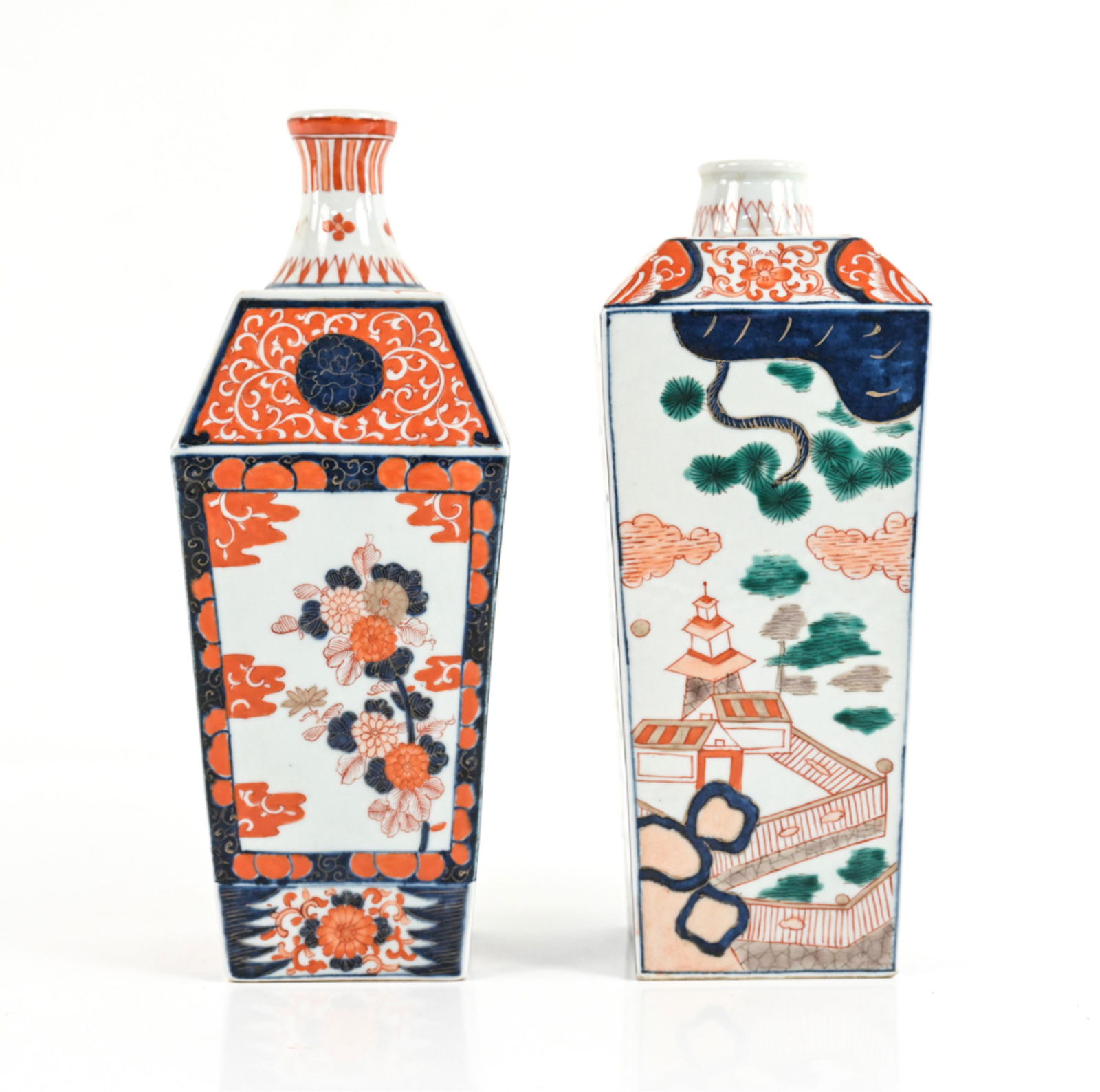 (2) JAPANESE PORCELAIN BOTTLES: Square sake bottles or bud vases, each marked underneath. Dimensions: (Taller) H 10.25" x W 3.75" x D 3.75" Condition: A few very light rubs to decoration.