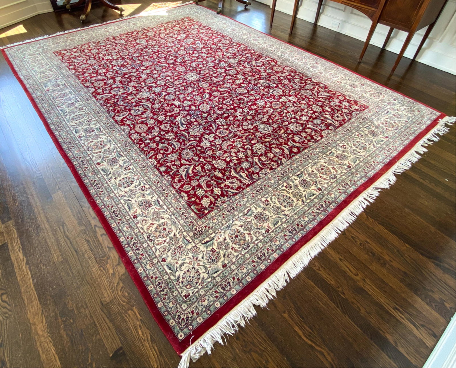 PERSIAN KASHAN RUG: Contemporary. Dimensions: L 146" x W 108" Condition: Could use light cleaning. Few spots of soiling. Some sun fading.