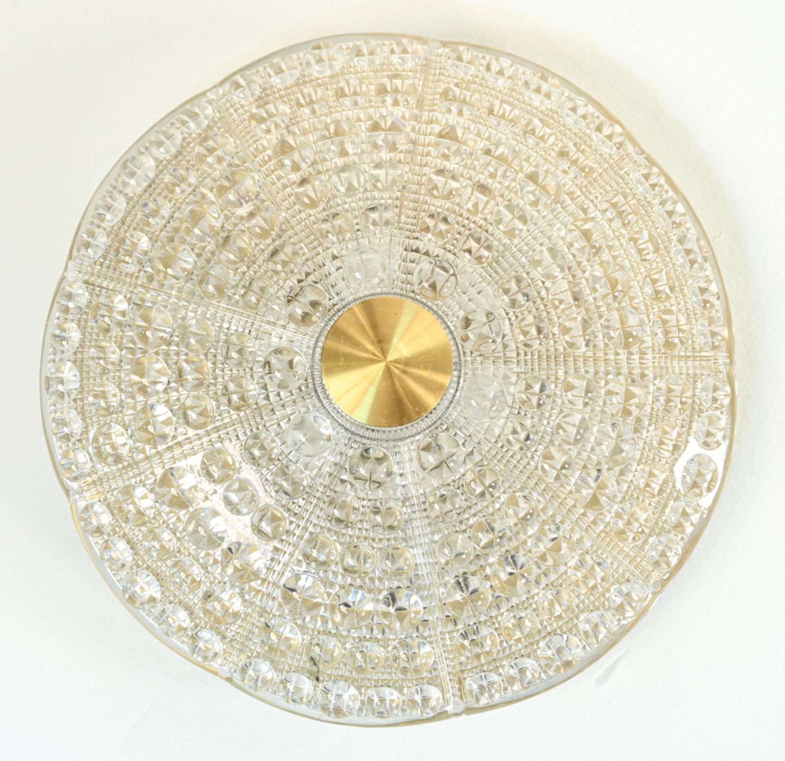 CARL FAGERLUND ORREFORS LARGE CEILING MOUNT LIGHT: Large flush-mount light fixture in pressed glass and brass, designed by Carl Fagerlund for Lyfa and Orrefors, c. 1960's. Dimensions: H 4" x Dia. 17" Condition: Wiring not tested. A few surface scratch