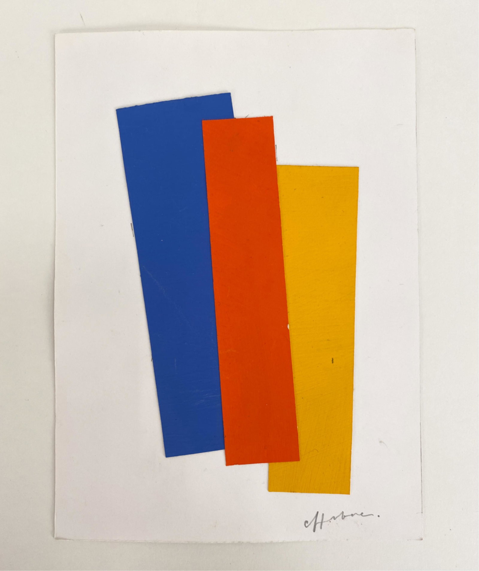 ALBERT CHUBAC, SWISS (1925-2008) COLLAGE: Acrylic painted paper cut into strips and collage on a stiff sheet. Signed in pencil. Dimensions: H 8.25" x W 6" Condition: Few stray marks and nicks.