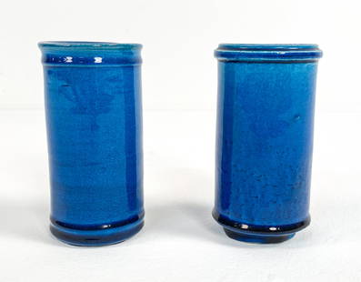 PAIR PETITE NILS KAHLER VASES, DANISH 1970'S: Signed on the bottom and stamped "Denmark" finished with his signature turquoise glaze. Dimensions: H 6" x Dia. 3.25" Condition: Light amount of soiling to the interior of the vases. Wear is consisten