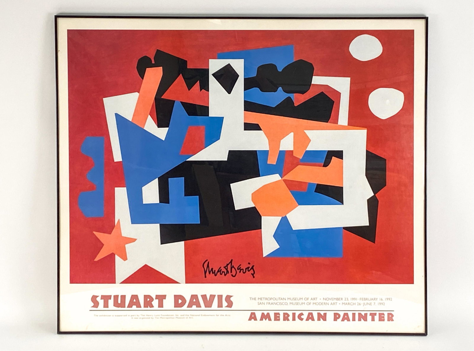 STUART DAVIS EXHIBITION POSTER MMA 1992: Published 1991 by Metropolitan Museum of Art. Dimensions: (Frame) H 36.5" x W 41.5" Condition: Few handling marks and scratches.