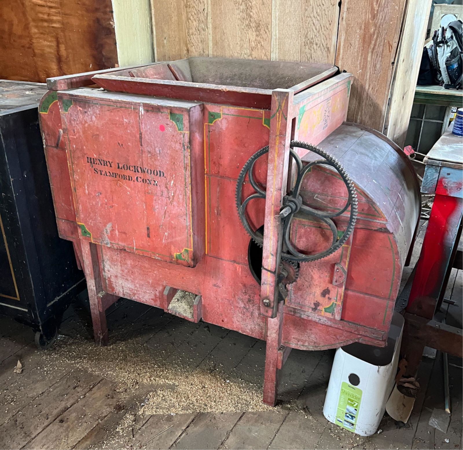 EARLY 20TH C. BELCHER & TAYLOR IMPROVED FAN MILL: "The Improved Fan Mill" grain and seed cleaner, manufactured by Belcher & Taylor Agricultural Tool Co. of Chicopee, MA; in original highly decorative red and gold paint finish, with stenciled logo, tr