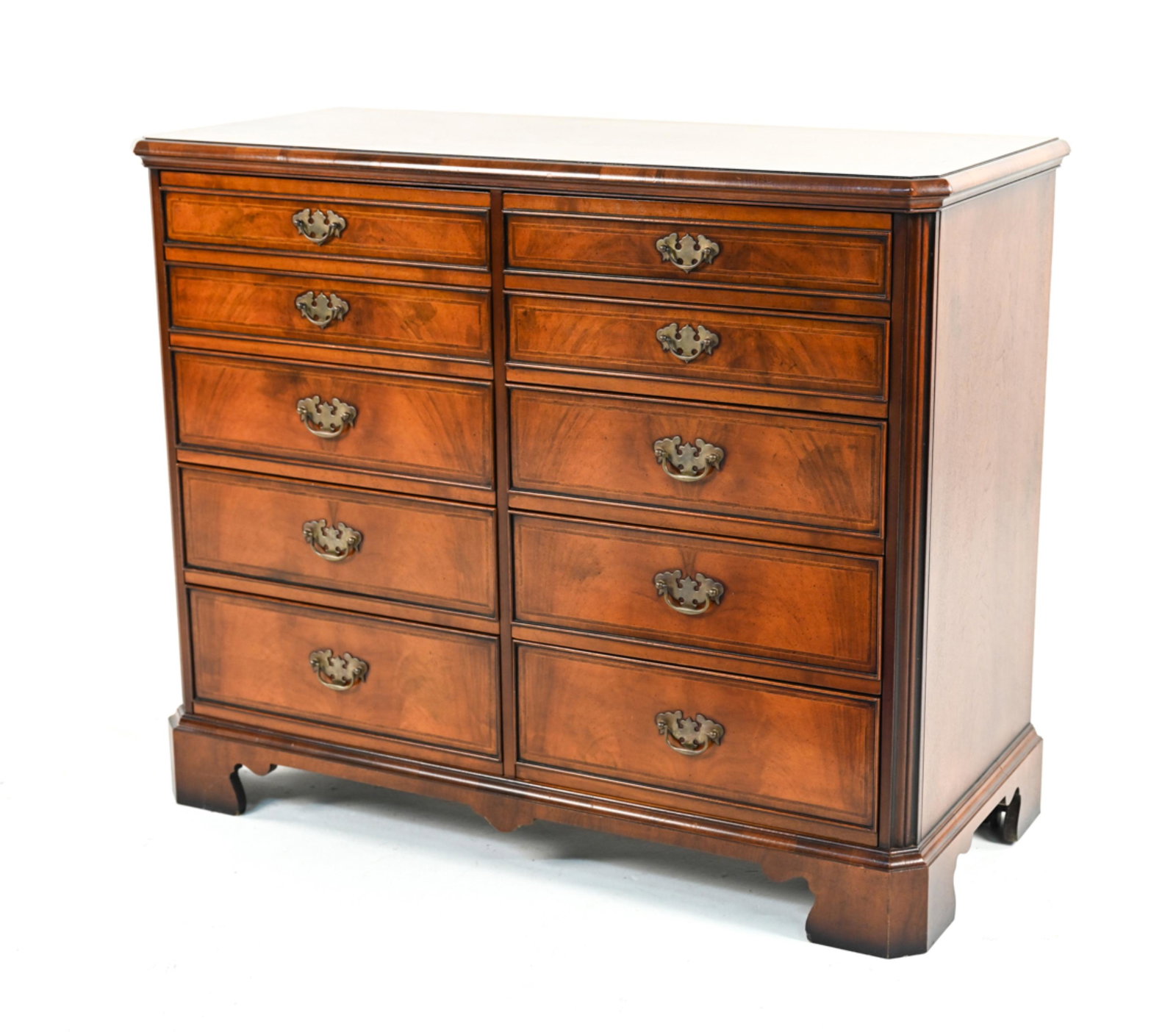 BEL FURNITURE ENGLISH CHEST OF DRAWERS: With Bel Furniture decal. Traditional inlaid chest of drawers with fitted drawer interiors, bat wing hardware. Dimensions: H 35.25" x W 42.5" x D 19" Condition: Wear consistent with age and use includ