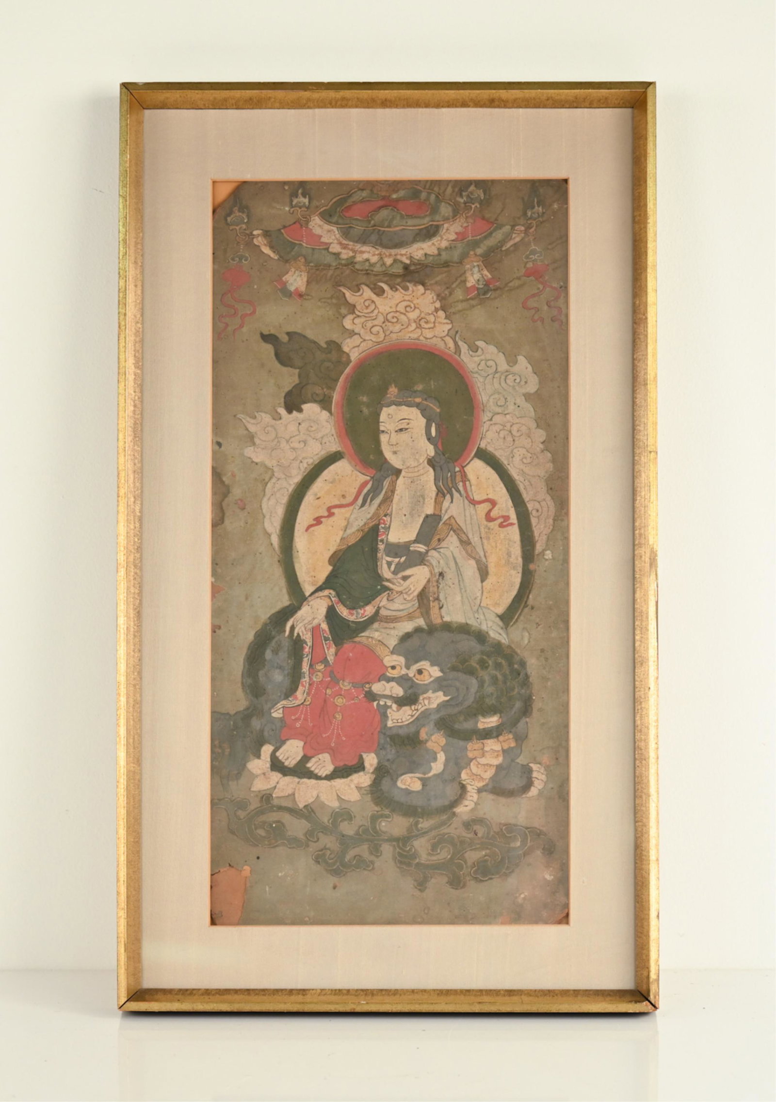 ANTIQUE ASIAN BUDDHIST PAINTING: Seated figure. Pigments on paper. Possibly laid down. Dimensions: (Frame) H 22" x W 15", (Sight) H 21" x W 10" Condition: Painting with age wear, losses to corners. Matting acidified.