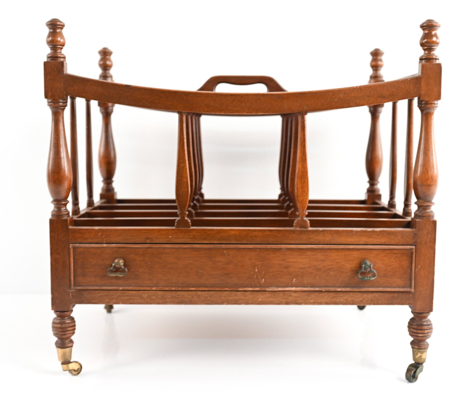 BIGGS CANTERBURY-STYLE MAGAZINE RACK: Marked Biggs, Richmond inside drawer. On casters. Dimensions: H 18.75" x W 19.5" x D 13.75" Condition: Scuffs and scratches. Few small losses to wood. Wear consistent with age and use. Nicks and dings