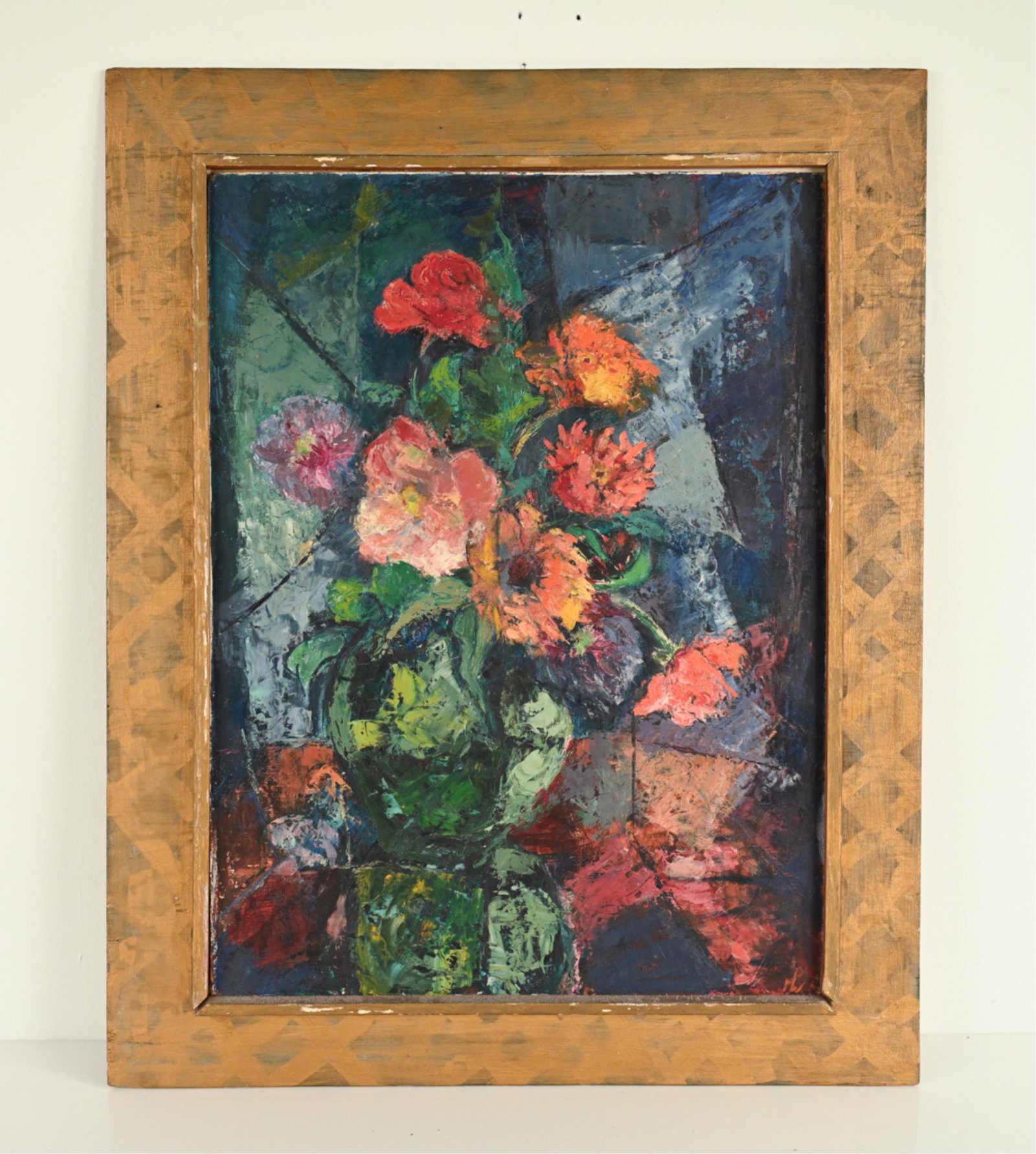 MARJORIE P. WALKER, NY (1907-2005) O/B STILL LIFE: Modernist still life oil on board. Initialed and indistinctly dated lower right corner. Dimensions: (Frame) H 30" x W 24", (Painting) H 24" x W 18" Condition: Extensive marking and losses to frame. So