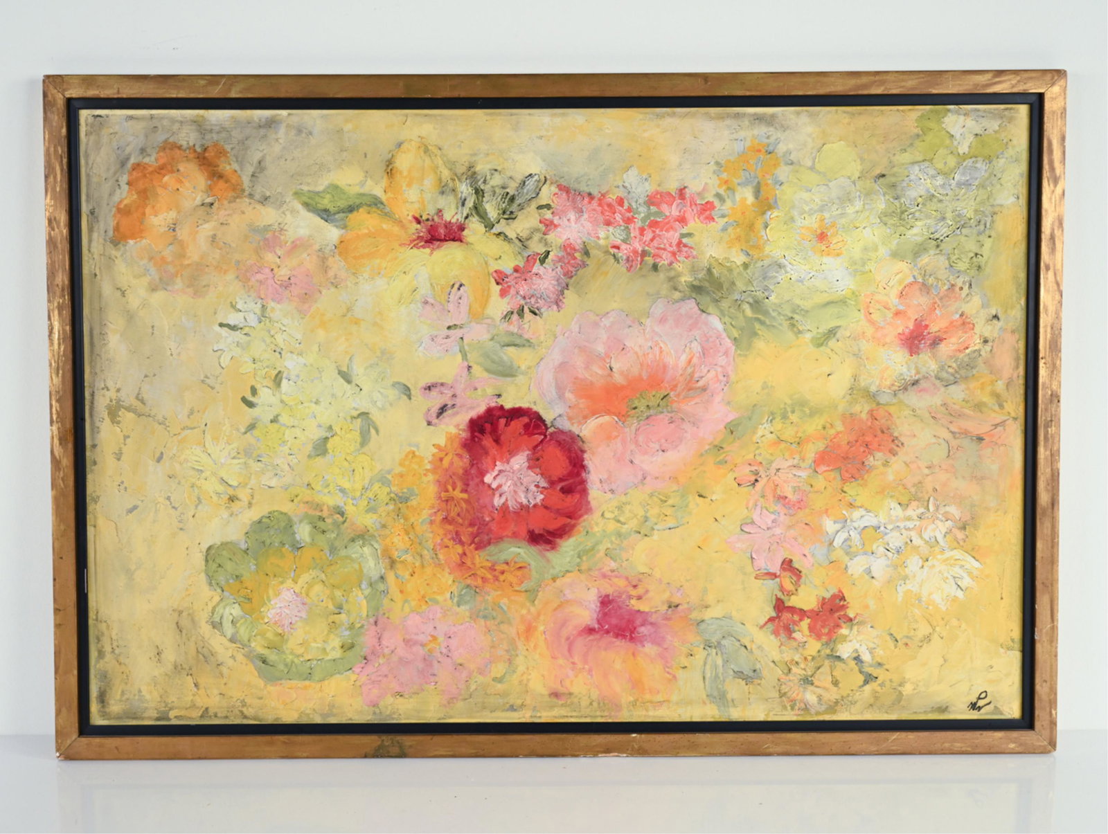 MARJORIE P. WALKER, NY (1907-2005) O/B STILL LIFE: Floral still life. Initialed lower right. Dimensions: (Frame) H 25" x W 37", (Painting) H 24" x W 36" Condition: Rubbing to frame.