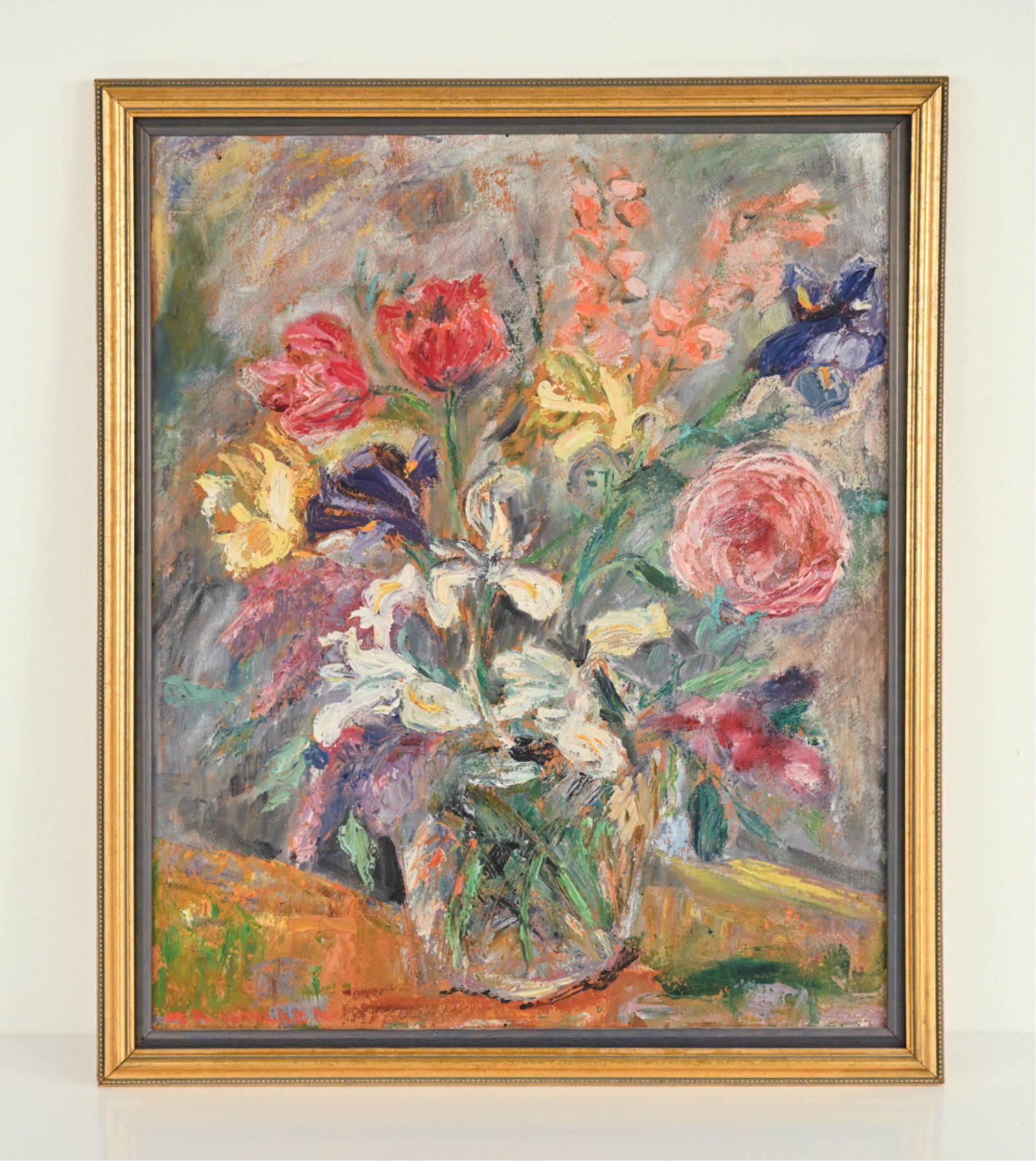 MARJORIE P. WALKER, NY (1907-2005) O/B STILL LIFE: Signed Mar. Walker lower left. Mid-Century floral still life on masonite, painted with some texture. Dimensions: (Frame) H 26.25" x W 22.25" Condition: Not examined out of frame. One tiny hole drilled