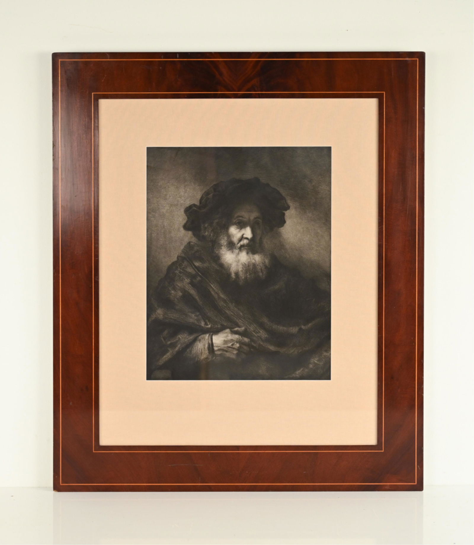 AFTER FERDINAND BOL 19TH C. ETCHING: Large format 19th century etching on vellum, according to back of framing. Unexamined out of frame. In a fine mahogany banded frame. Dimensions: (Frame) H 35.5" x W 30", (Sight) H 19" x W 15" Conditio