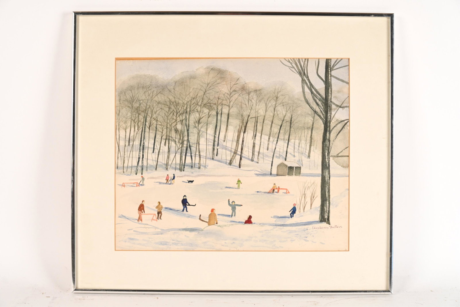 VINTAGE WATERCOLOR OF CHILDREN ICE SKATING: Signed Barbara Dubois lower right. Dimensions: (Frame) H 21.25" x W 24.25", (Sight) H 14.25" x W 17.25" Condition: Light age toning. Slipped in frame. Mat acidified. Frame with scratches.