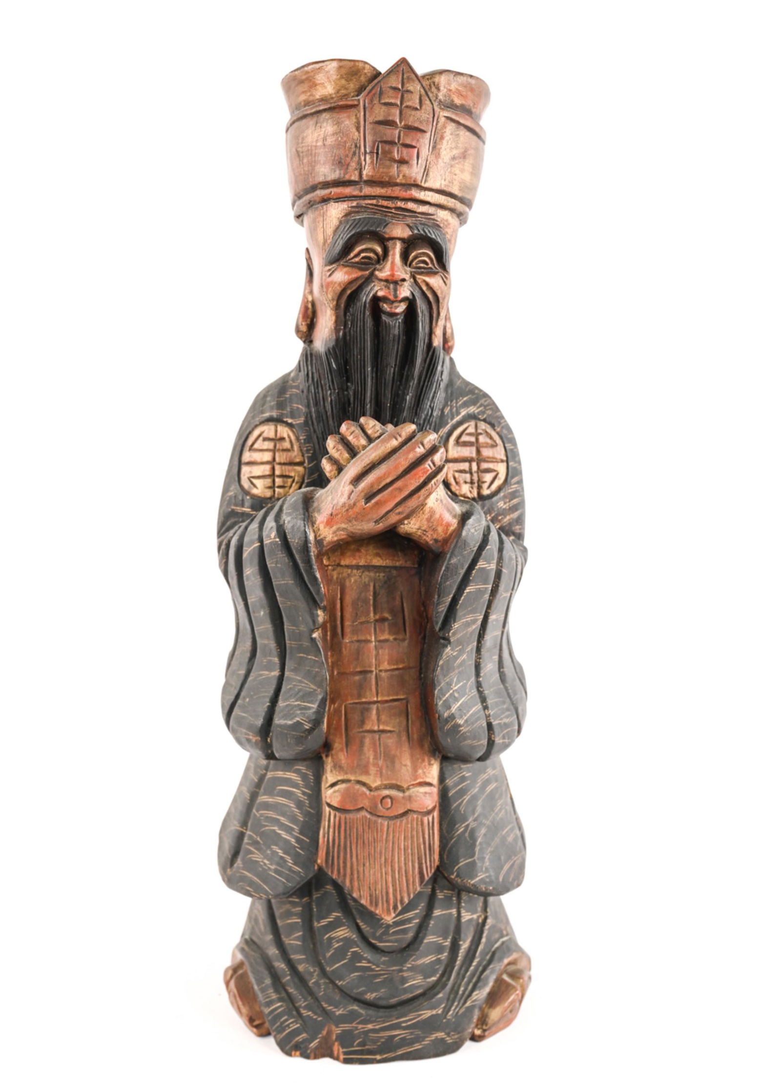 CHINESE POLYCHROME GILT CARVED WOOD FIGURE (1 of 15)