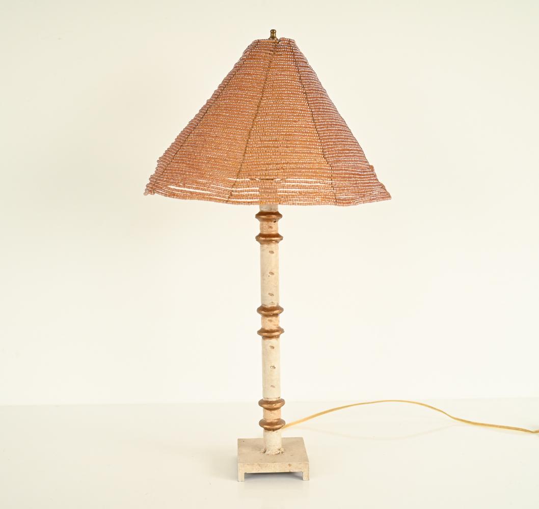 VINTAGE PAINTED METAL TABLE LAMP W/ BEADED SHADE (1 of 6)