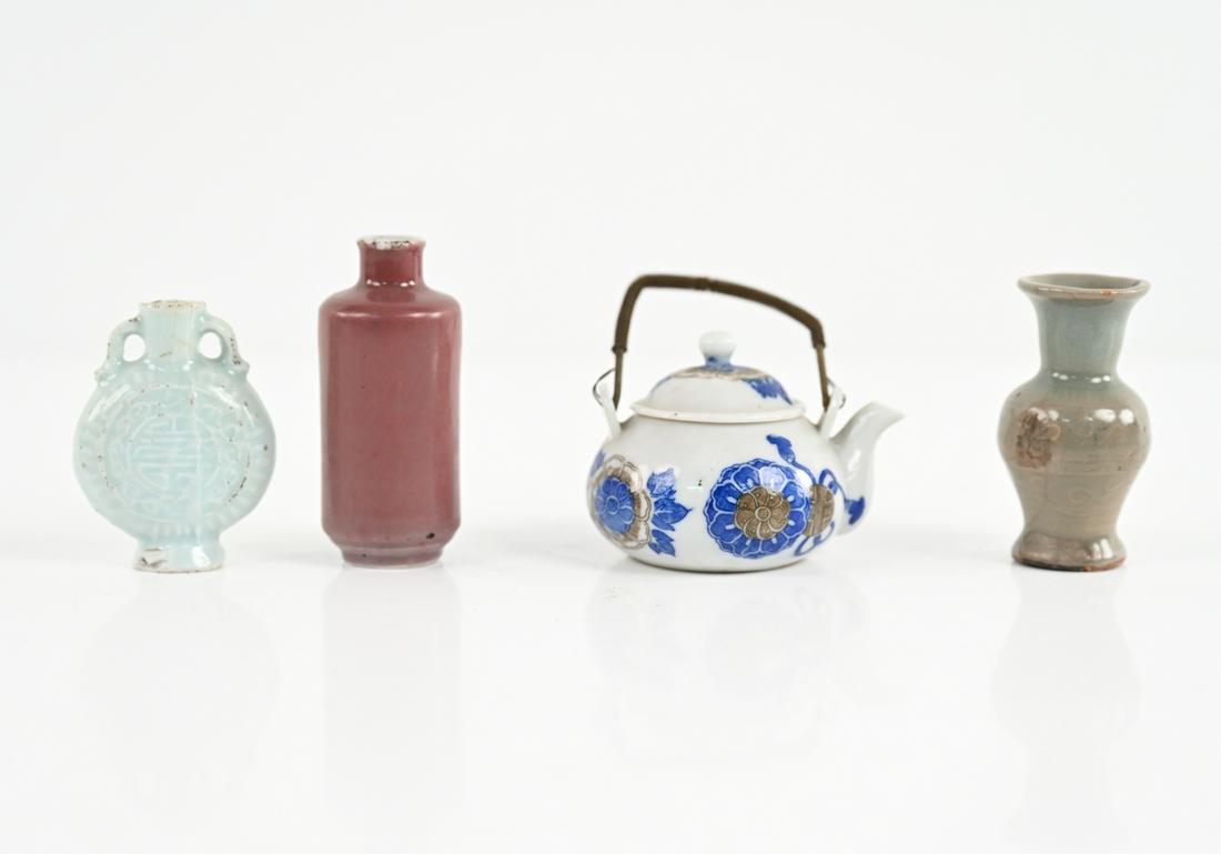 (4) CHINESE DIMINUTIVE PORCELAIN INC. SNUFF BOTTLE: Dimensions: (Teapot) H (with handle) 3.75" x W 3.5" x D 2.75" Condition: Snuff bottle missing top, with chip to foot; (2) vases each with chips, green vase with dings and cracks as well. A few rubs to