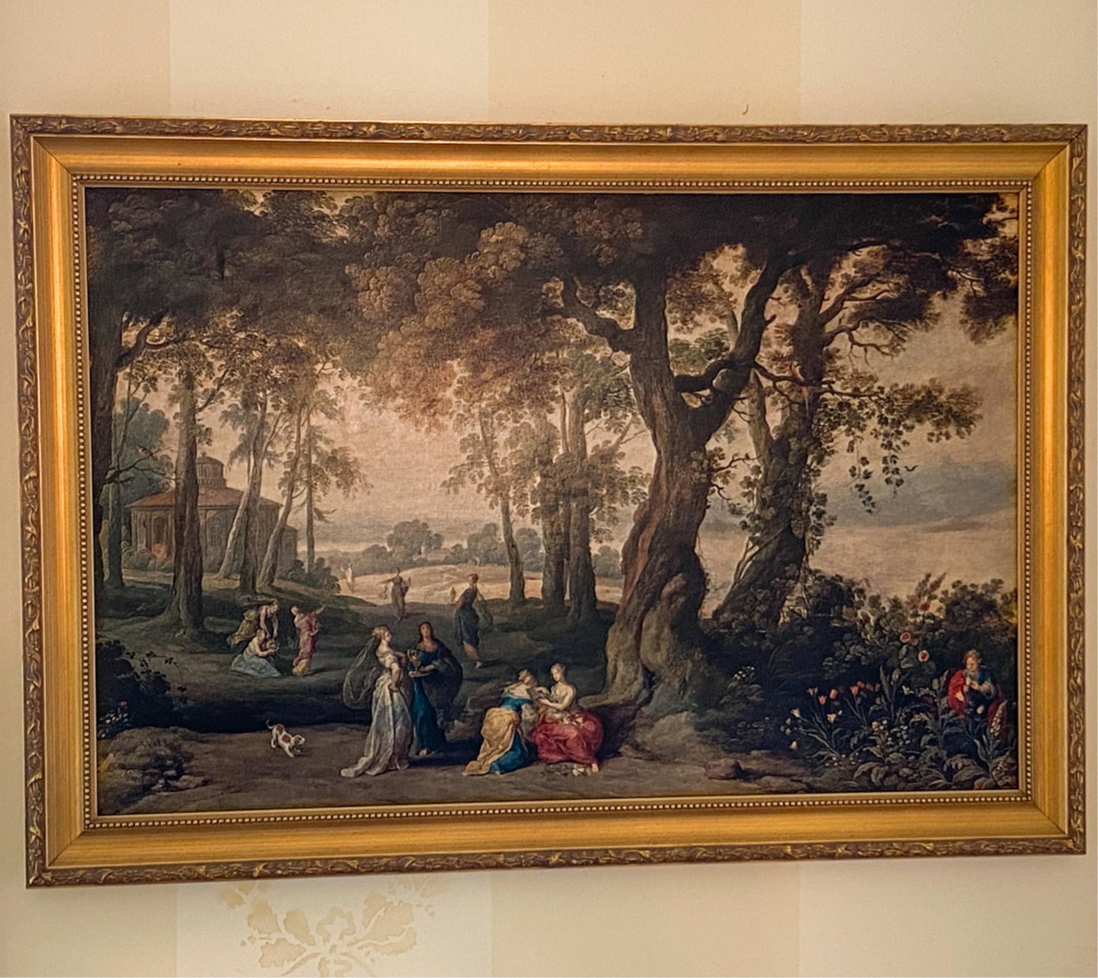 DECORATIVE REPRODUCTION PRINT: Varnished to resemble painting. Dimensions: (Frame) H 23.25" x W 33.25", (Sight) H 19" x W 29" Condition: Slight separation to joints of frame.