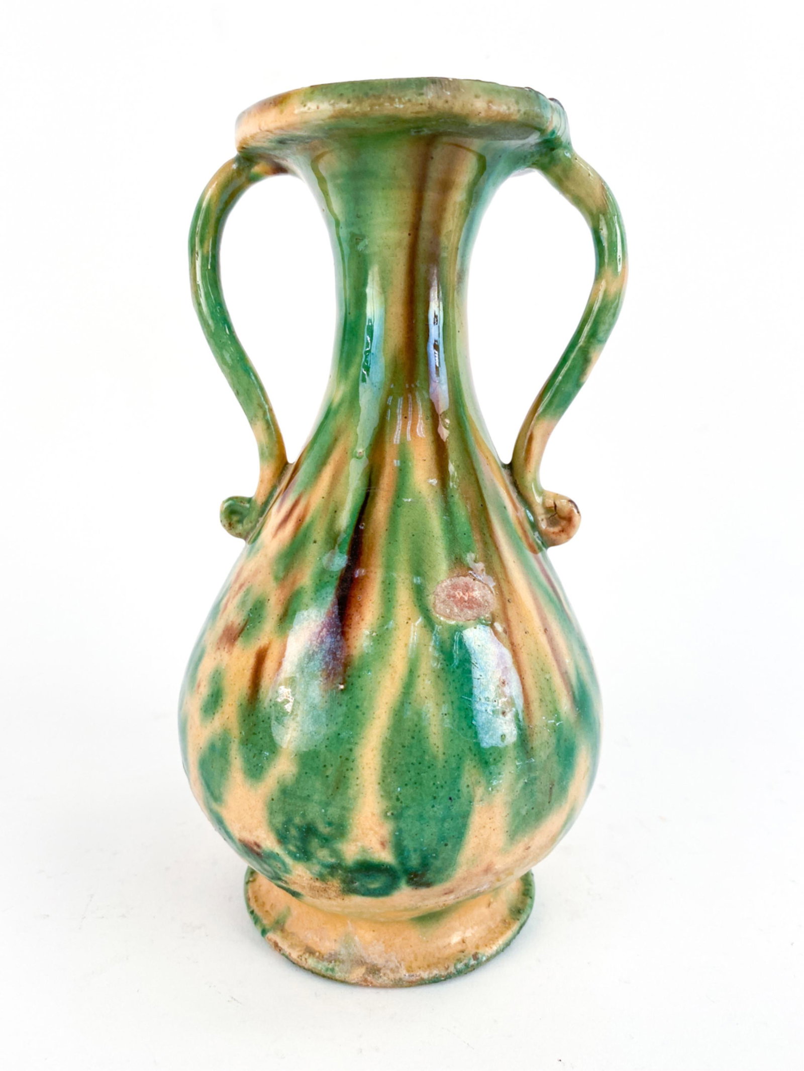 FRENCH ANTIQUE GLAZED JASPE POTTERY VASE: Terre vernissÃ©e pottery vase. The jaspe glaze is classic of the Drome area of Haut-Provence. Dimensions: H 8.5" x Dia. 4.75" Condition: Crazing, chips and few glaze losses. Area of dullness/damage