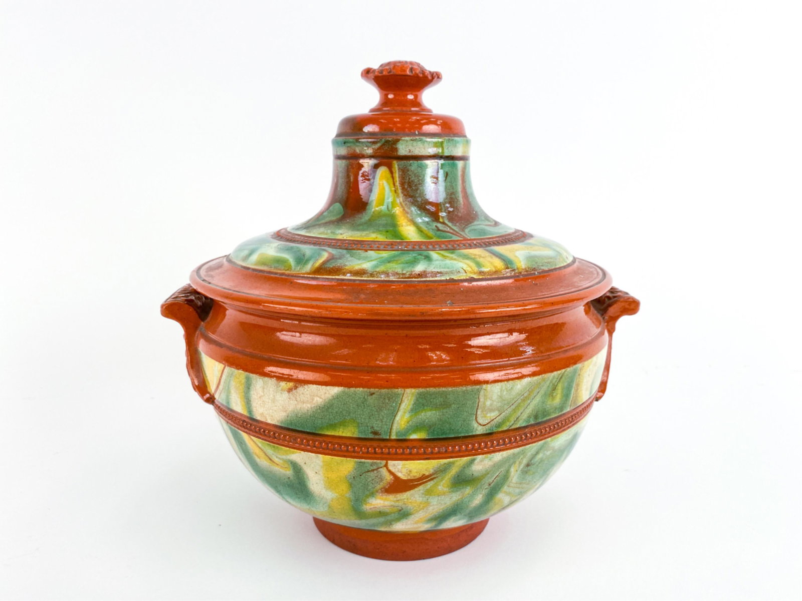 19TH C. FRENCH ANTIQUE MARBLE GLAZED TERRINE: This terrine was made from the marbled clay of a strip of land from Apt to Uzes. Dimensions: H 10" x W 9.75" x D 8.5" Condition: Large chip to lid finial. Crazing. Small scattered chips and wear.