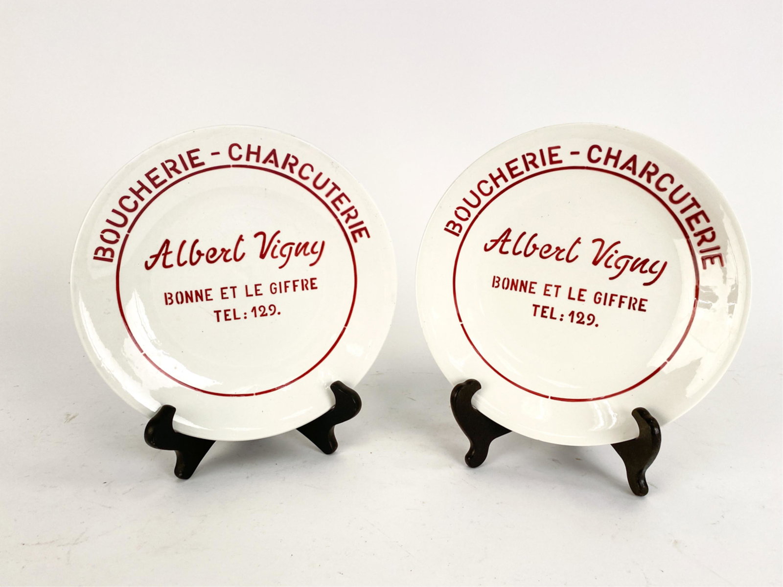 (2) FRENCH ANTIQUE RESTAURANT PUBLICITY PLATES: Albert Vigny was a famous author of poems and romantic plays in the 19th C. These fine earthenware advertising plates were made available for sale after dining at this well-known Lyon restaurant gastr