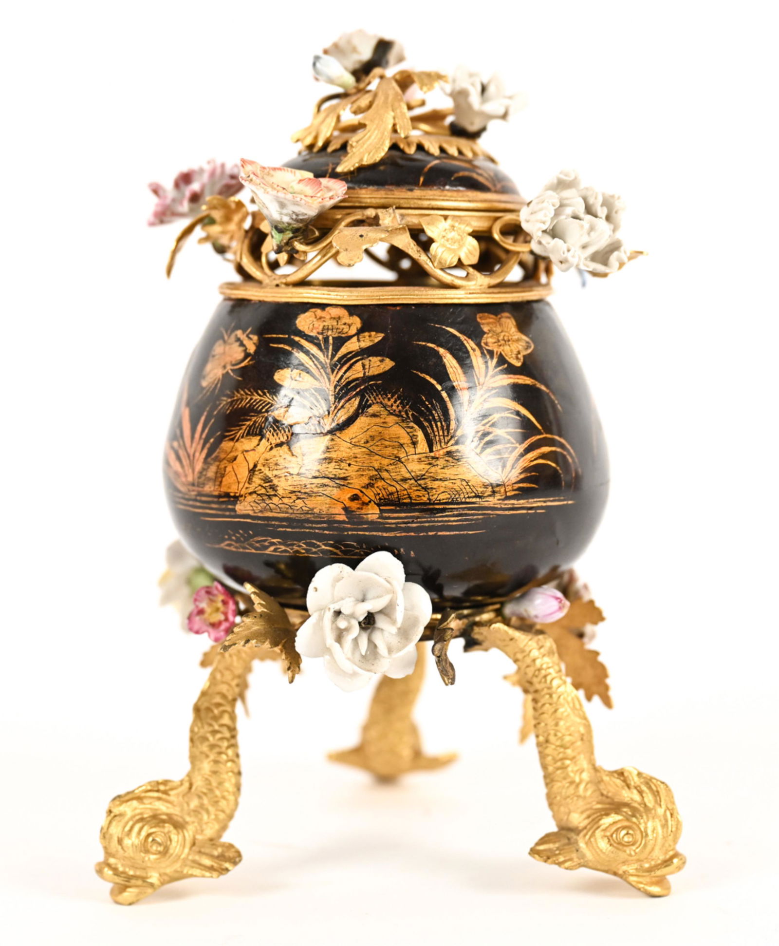 ANTIQUE CHINOISERIE LACQUER BOX PORCELAIN & ORMOLU (1 of 9)
