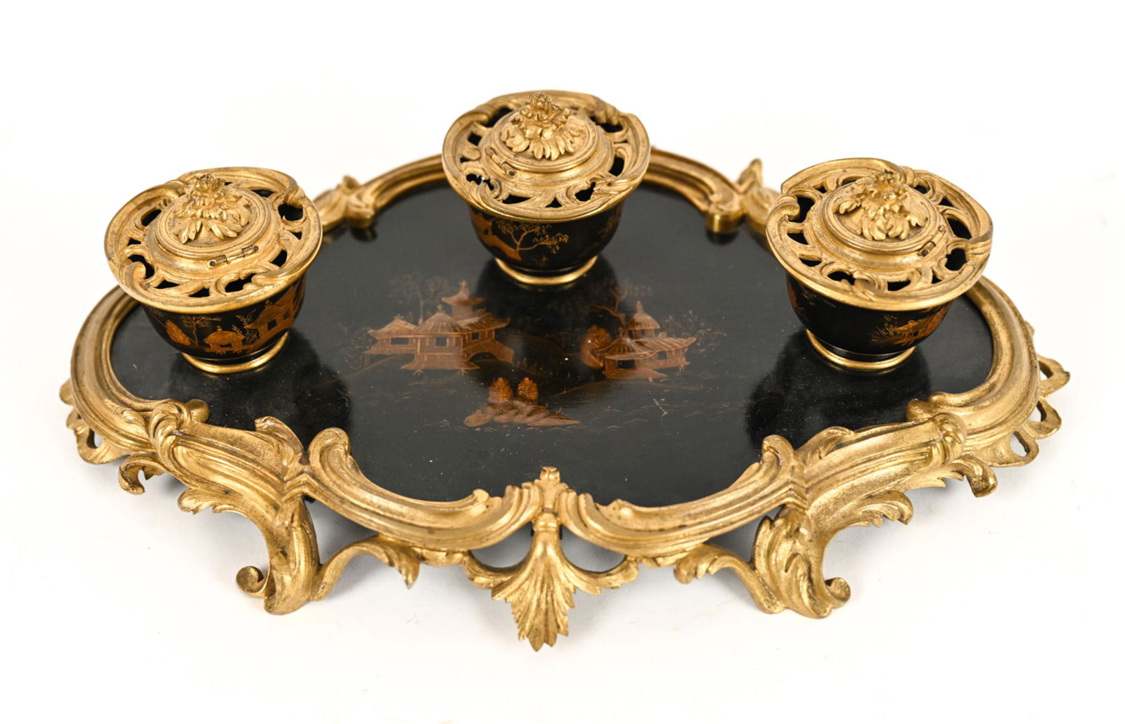 19TH C. FRENCH LOUIS XV STYLE ORMOLU INKWELL (1 of 12)