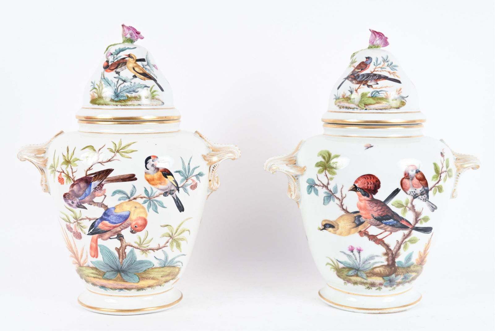 PAIR 19TH C. HAND-PAINTED BIRDS PORCELAIN URNS (1 of 20)