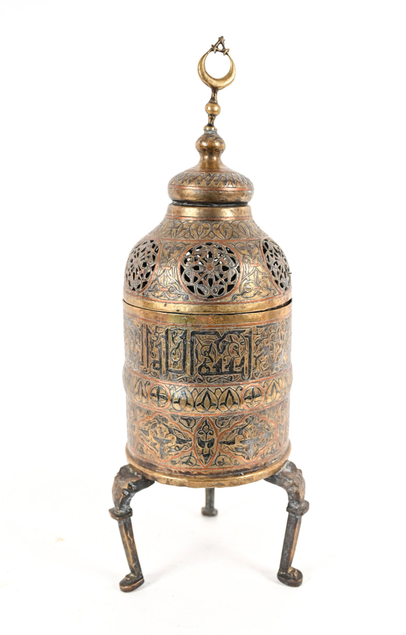 DAMASCUS SYRIAN BRAZIER: Ornate brass with silver and copper overlay and calligraphic inscriptions. topped with a crescent moon and (3) stars. Dimensions: H 22.5" x Dia. 8.25" Condition: A few signs of light wear including so