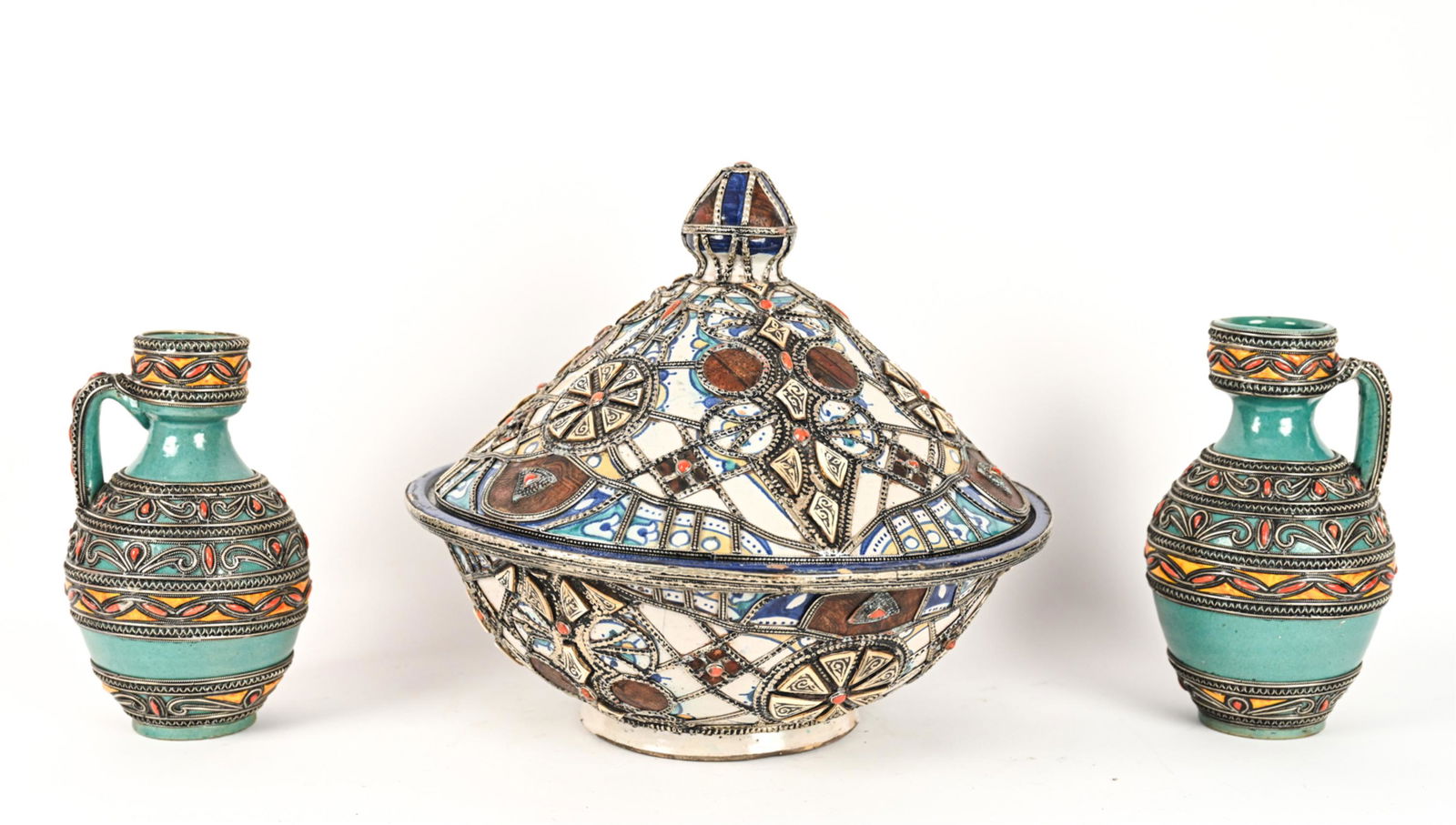 MOROCCAN CERAMIC TAJINE BOWL & (2) PITCHERS (1 of 20)