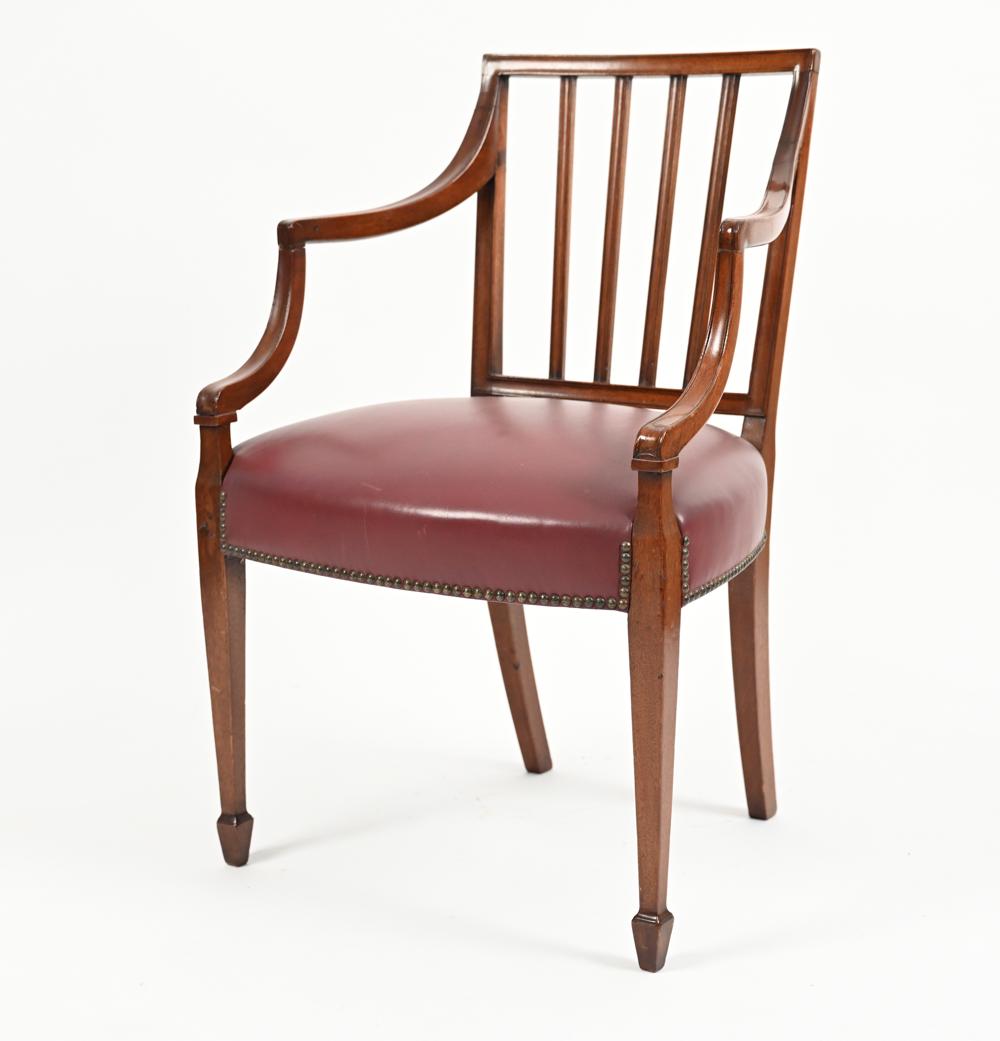 ANTIQUE FEDERAL PERIOD SQUARE-BACK ARMCHAIR: Square-back armchair in the country style, with simple vertical slats and newer mauve leather upholstery. C. Late 18th-Early 19th Century. Dimensions: H 34" x W 22" x D 24" x SH 18" Condition: Prior r