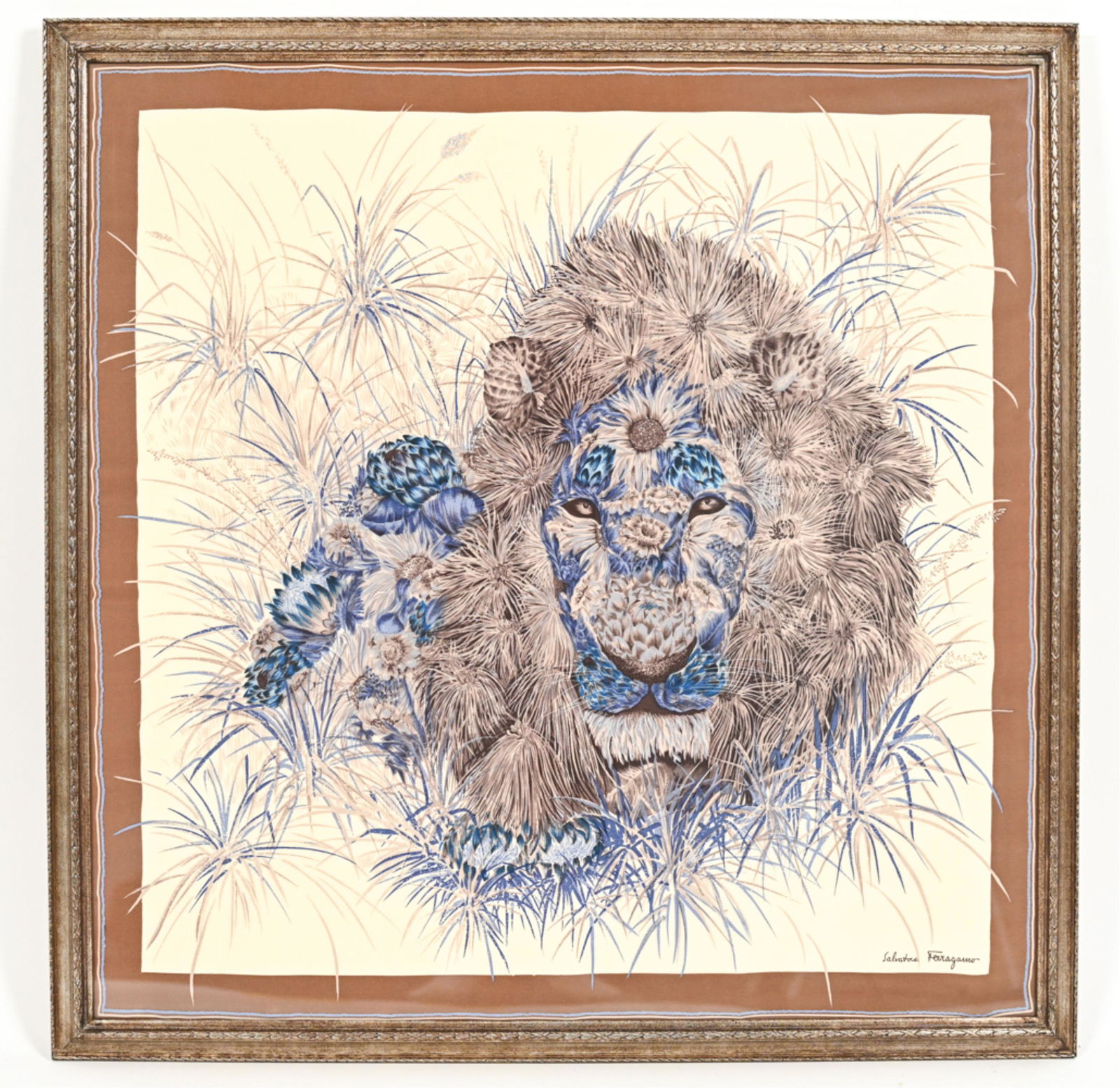 FRAMED FERRAGAMO SCARF OF LION: Signed bottom right, Salvatore Ferragamo. Dimensions: (Frame) H 37.5" x W 37.5" (Sight) H 33.75" x W 33.75" Condition: Very light signs of wear including a few light marks to frame.