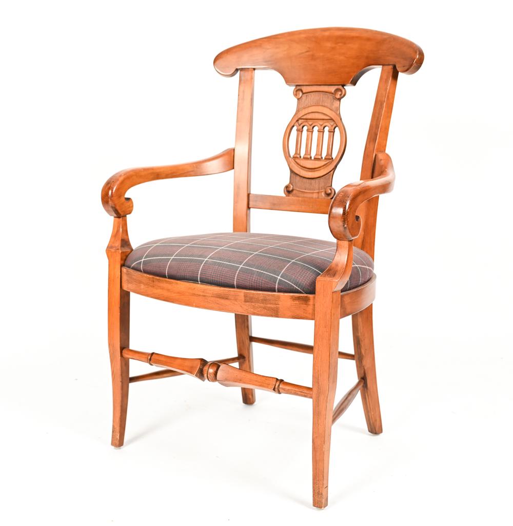 HENREDON FURNITURE CARVED WOOD ARMCHAIR: With Henredon Furniture label underneath. Dimensions: H 38.5" x W 24" x D 22" x SH 19.5" Condition: Few nicks and dings to edges. Few light spots to seat. Few scratches and small splits to wood.