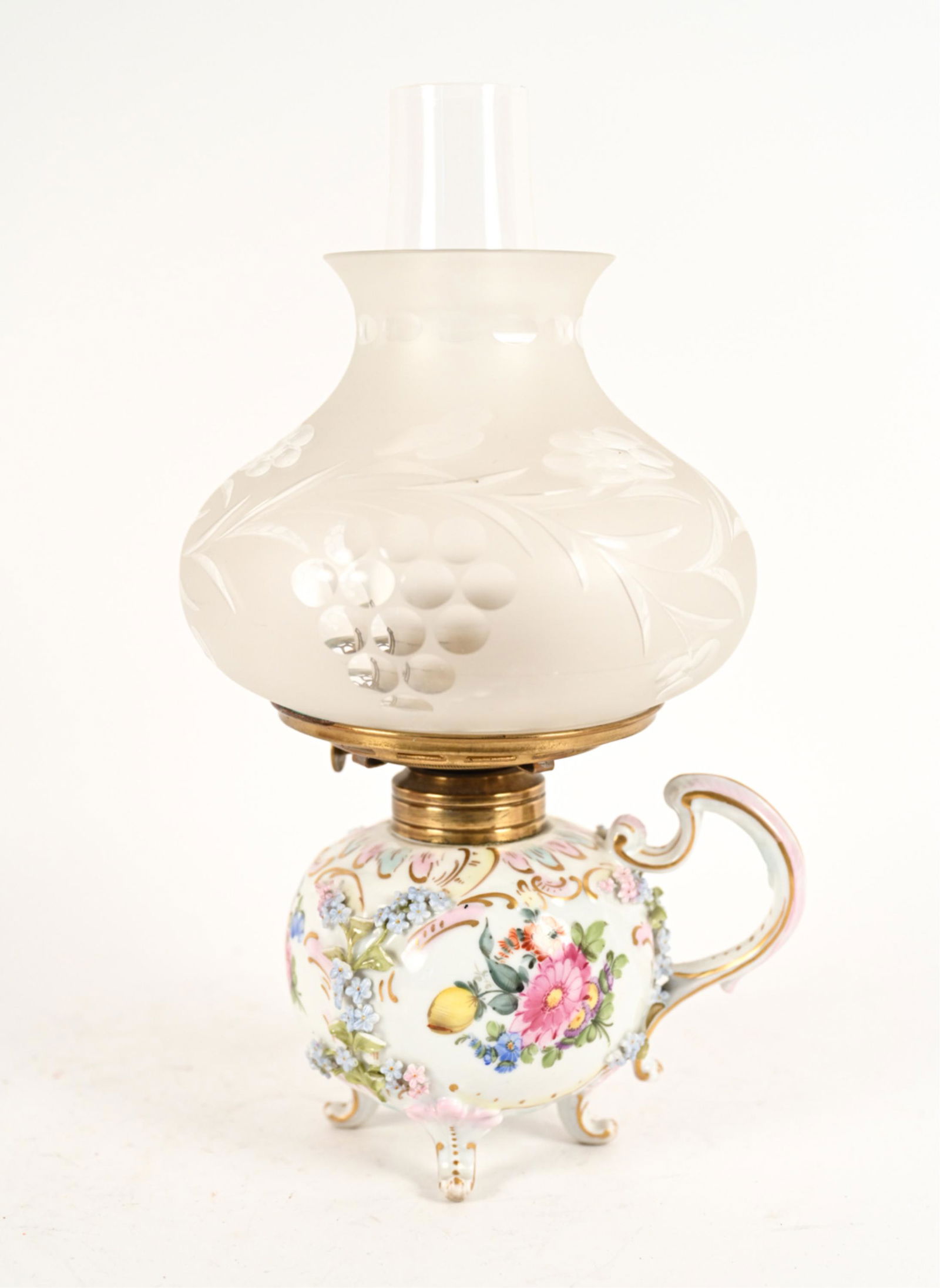 GERMAN PORCELAIN HURRICANE SHADE OIL LAMP (1 of 6)