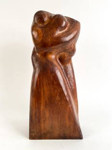 VINCENT GLINSKY HAND-CARVED WOOD SCULPTURE: Mid-Century Modern abstract figural sculpture by American artist Vincent Glinsky (1895 -1975). Signed under. Dimensions: H 17.5" x W 7.25" x D 3.75" Condition: Consistent with age, minor surface wear