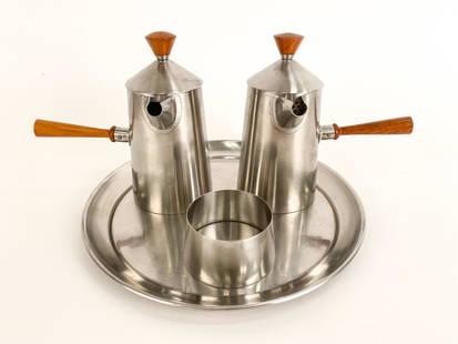 ROBERT WELCH "CAMPDEN" COFFEE SERVICE FOR OLD HALL: (3) mid-century stainless steel pieces, marked underneath. Plus Oneida tray. Dimensions: (Tray) Dia. 11.75" Condition: Wear consistent with age and use including scratches, scuffs, and rubs.