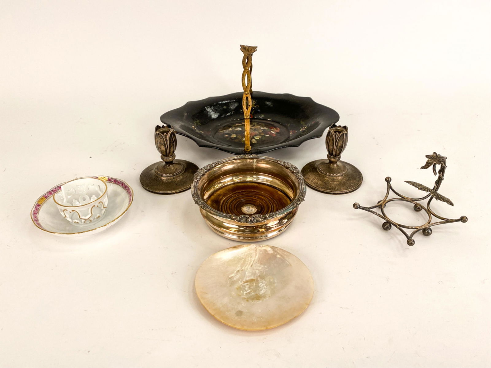 DECORATIVE GROUPING INCL. STERLING SILVER: Including abalone inlaid lacquered tray, Herend porcelain, shell dish, pair of Fischer weighted sterling candlesticks, wine coaster, etc. Dimensions: (Tray) L 14" x W 10.75" Condition: Some tarnish an