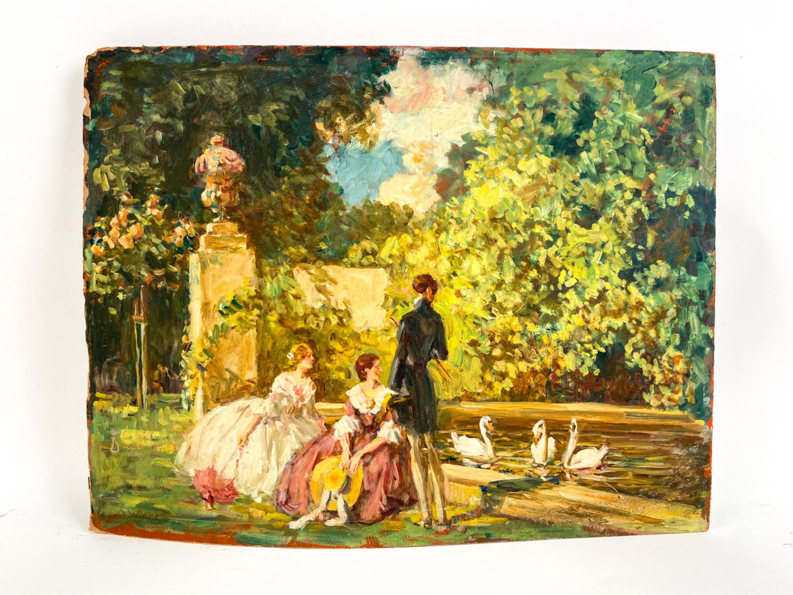 ALOIS WEIRER, CZECH (1878-1962) O/B: Impressionist oil on board of elegant figures with swans. Signed lower left. Multiple stenciled exhibition collection numbers verso. Dimensions: H 14.5" x W 18.75" Condition: Unvarnished. Some edge ni