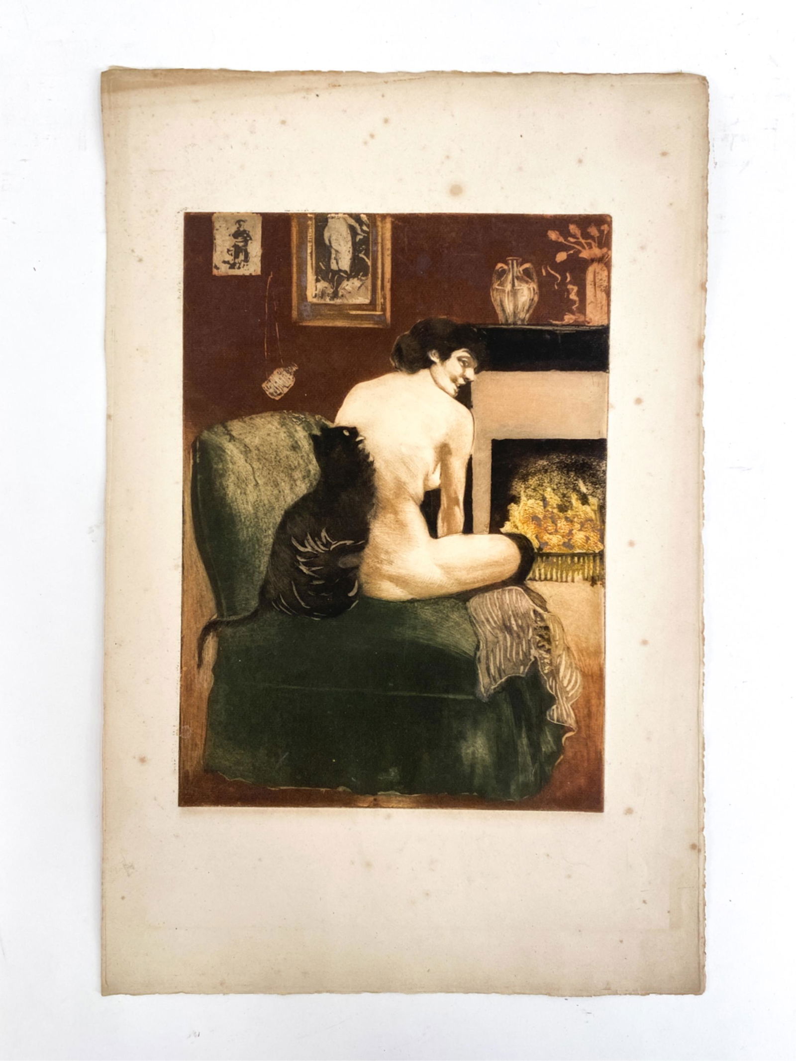 CHARLES MAURIN, FRENCH (1856-1914) COLOR ETCHING: Color etching of a nude with cat. Unsigned. Information given verso. Dimensions: H 21.75" x W 14" Condition: Colors good. Paper with some age toning and foxing in the margins.