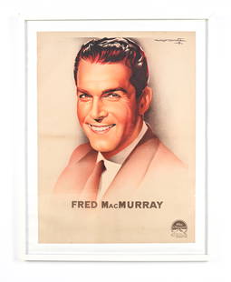 C. 1940'S ROGER SOUBIE FRED MACMURRAY PROMO POSTER: Original chromolithograph publicity poster featuring a portrait of actor Fred MacMurray by artist Roger Soubie, published by Paramount c. Mid-1940's. Dimensions: (Frame) H 36" x W 28.75" (Poster) H 31