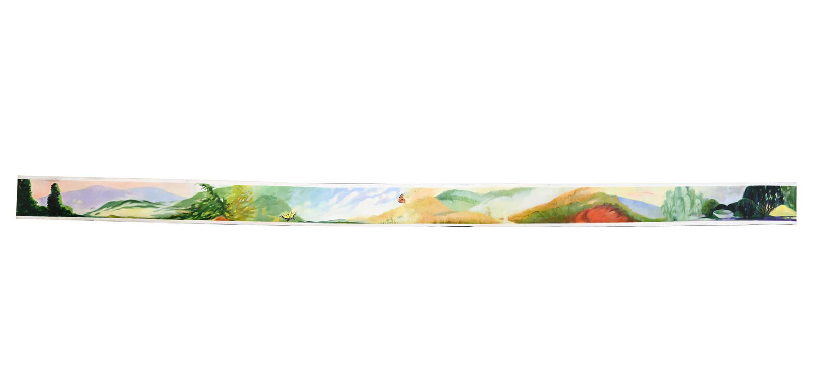 DONNA MARXER (1934-2019) O/C PIEDMONT RIBBON: Panoramic landscape on a long strip of canvas. Signed lower right. Dimensions: H 12" x W 218.5" Condition: Unframed; rolled. Light handling wear to canvas edges. Immortalized by the New York Times as